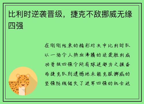 比利时逆袭晋级，捷克不敌挪威无缘四强