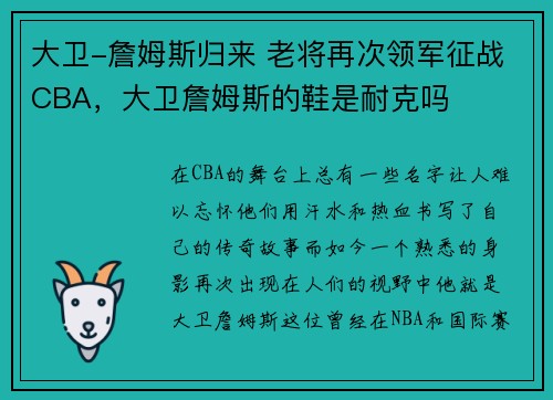 大卫-詹姆斯归来 老将再次领军征战CBA，大卫詹姆斯的鞋是耐克吗