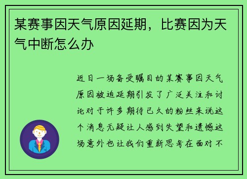 某赛事因天气原因延期，比赛因为天气中断怎么办