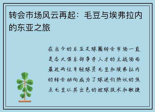转会市场风云再起：毛豆与埃弗拉内的东亚之旅
