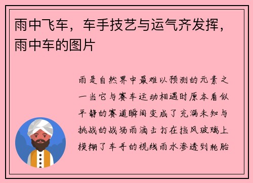 雨中飞车，车手技艺与运气齐发挥，雨中车的图片