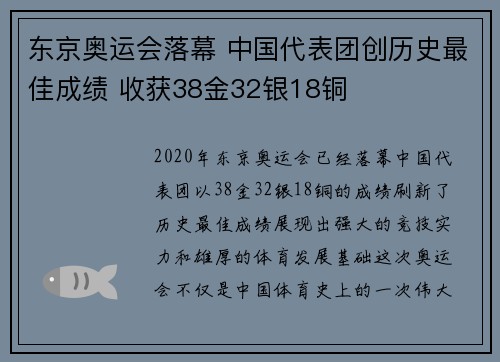 东京奥运会落幕 中国代表团创历史最佳成绩 收获38金32银18铜