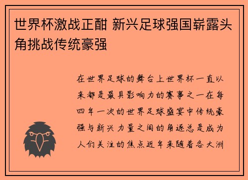 世界杯激战正酣 新兴足球强国崭露头角挑战传统豪强