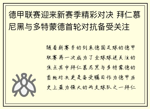 德甲联赛迎来新赛季精彩对决 拜仁慕尼黑与多特蒙德首轮对抗备受关注