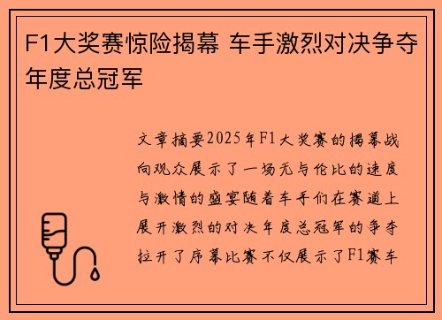 F1大奖赛惊险揭幕 车手激烈对决争夺年度总冠军