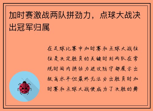 加时赛激战两队拼劲力，点球大战决出冠军归属
